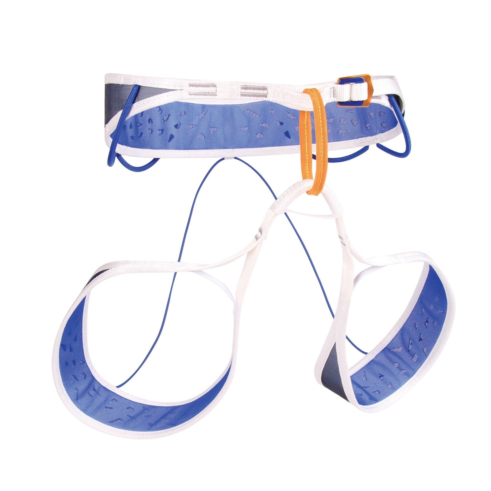 Blue Ice Addax Harness, front/side view in blue/white and orange colours
