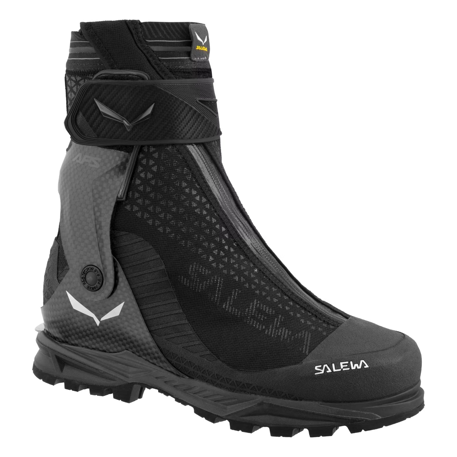 A black and gray salewa mountaineering boot with a hook-and-loop strap closure and a rugged treaded sole, shown from a three-quarters angle on a white background.