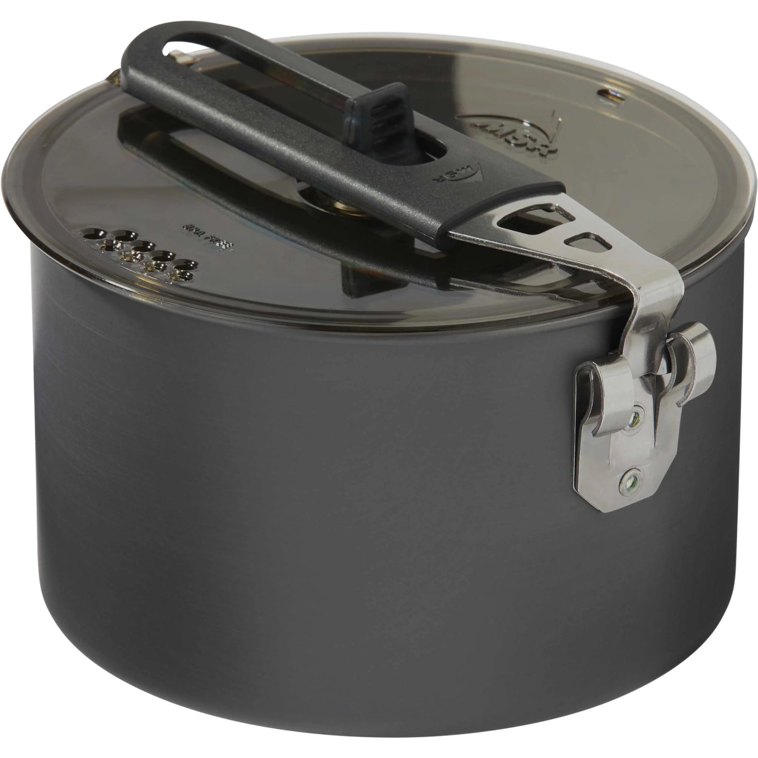 Black saucepan with glass lid on a white background