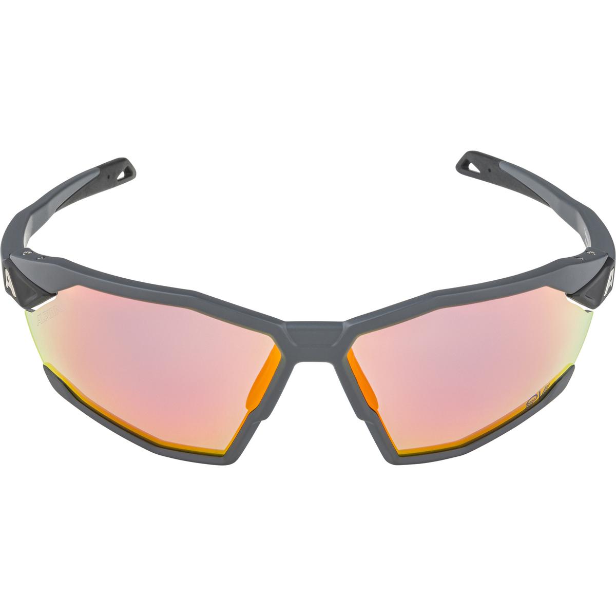 Sunglasses with reflective lenses and black frame on a white background