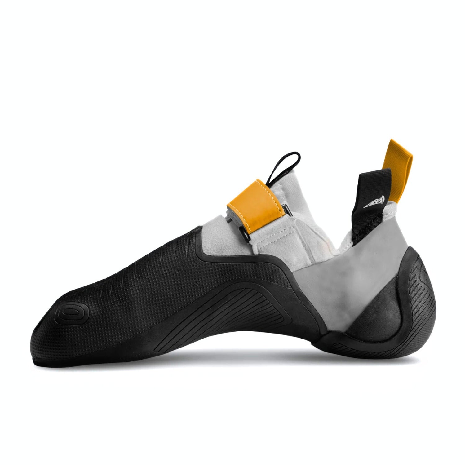 white and yellow climbing shoe on a white backgroung