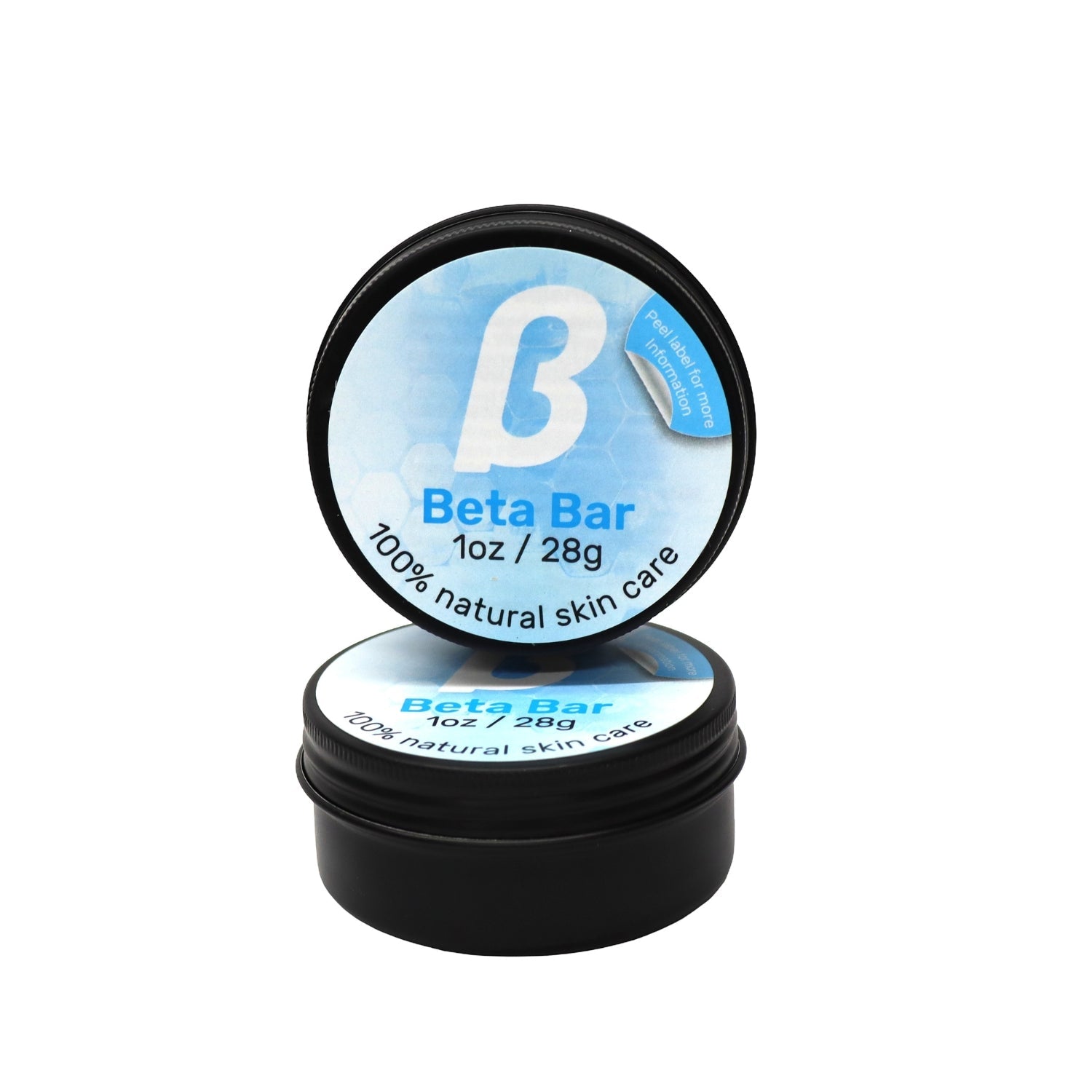 Beta Bar packaging with blue label and black rim on a white background