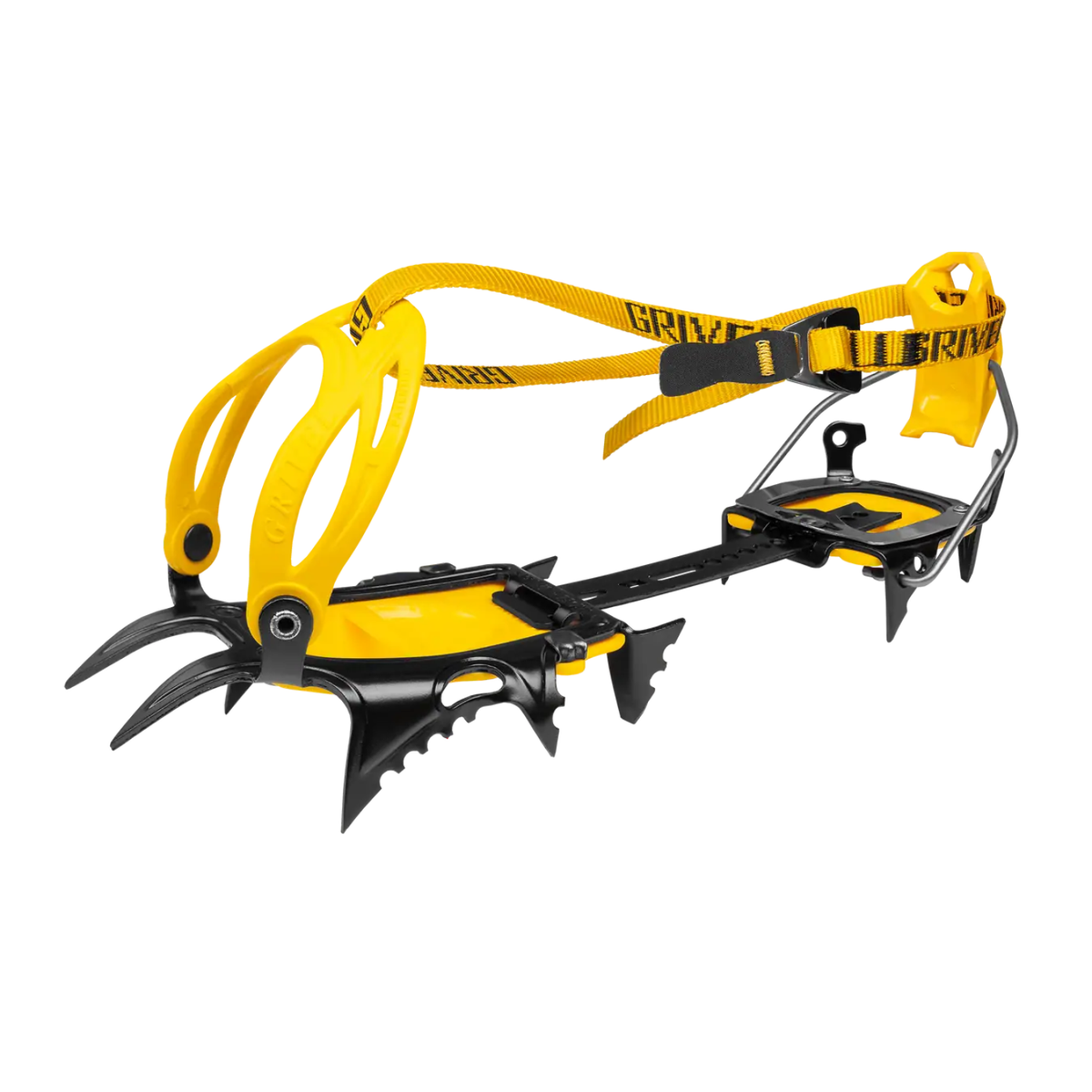 Yellow and black ice climbing crampons with a yellow strap and black metal spikes, shown on a plain white background.