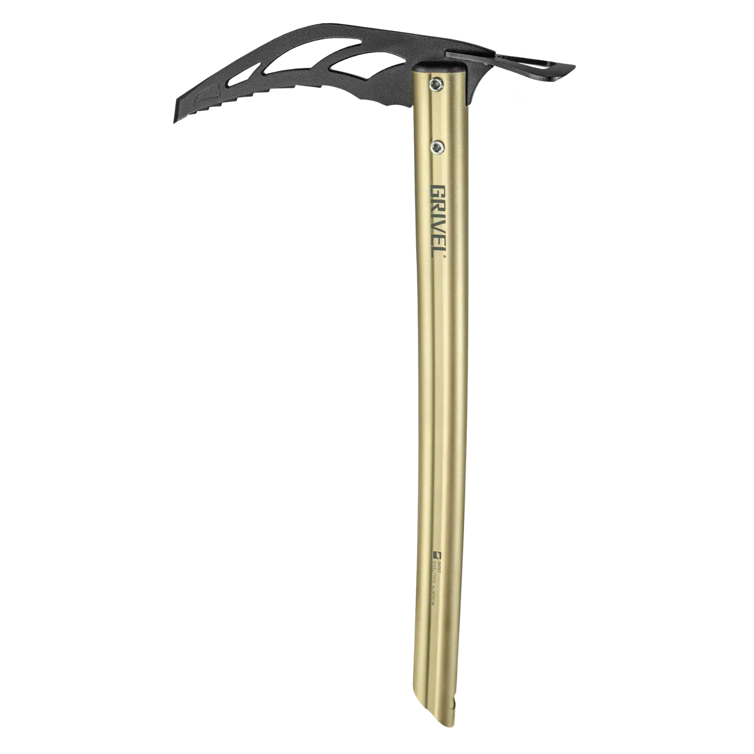 A green and black ice axe with a textured aluminum handle and a black metal pick head, shown against a plain white background.