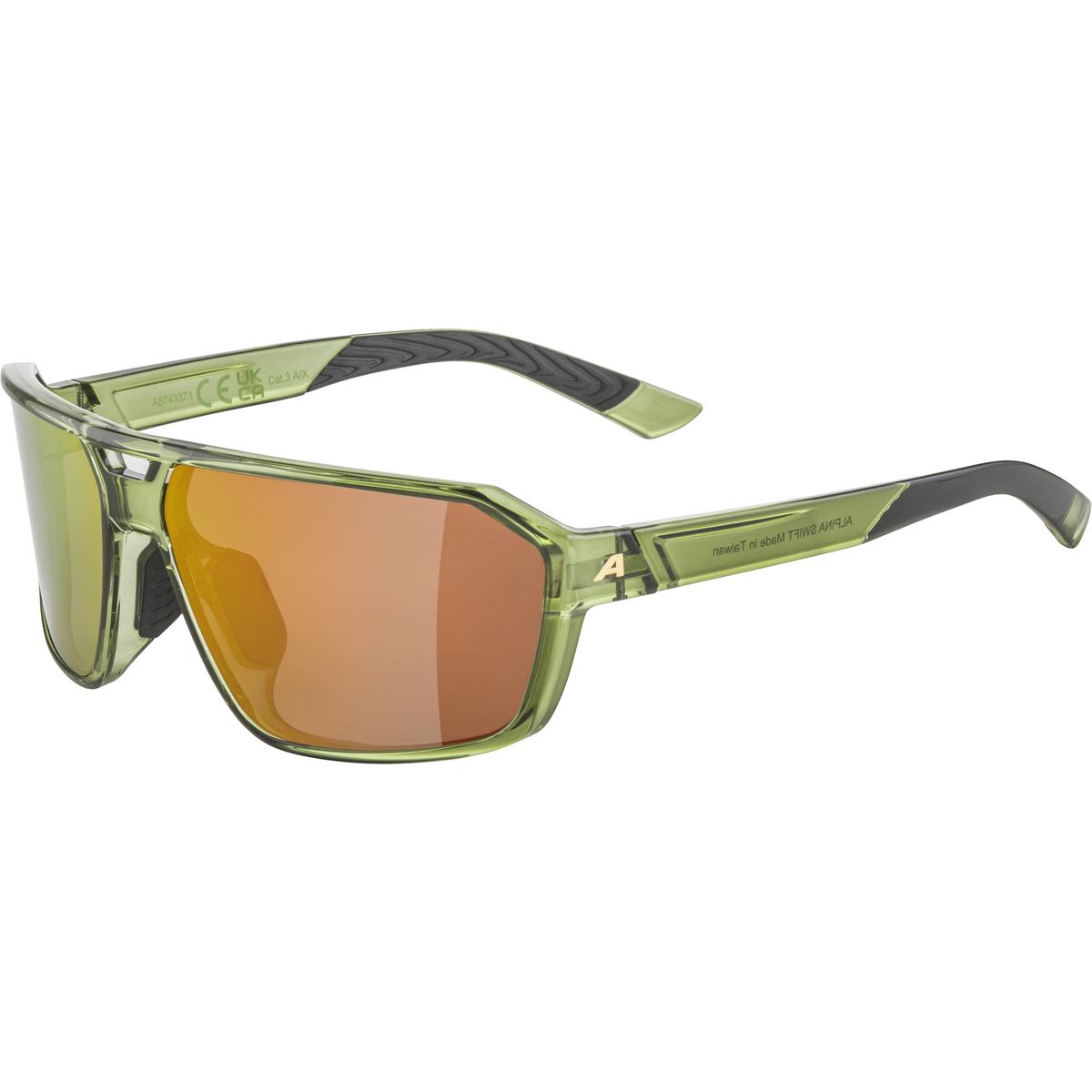 Sunglasses with green frame and orange-tinted lenses on a white background