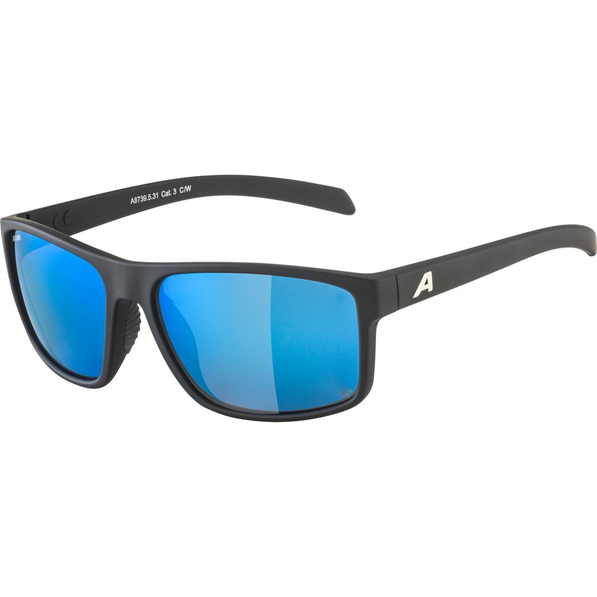 Black sunglasses with blue lenses on a white background