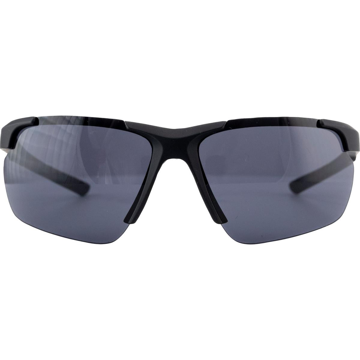 Sunglasses with black frame and dark lenses on a white background