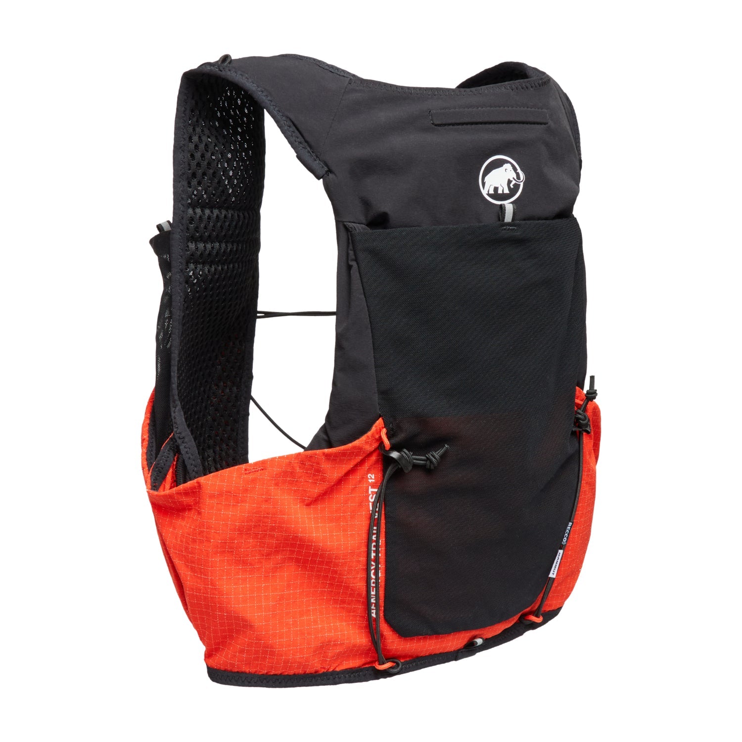 Red and black Mammut backpack on a white background