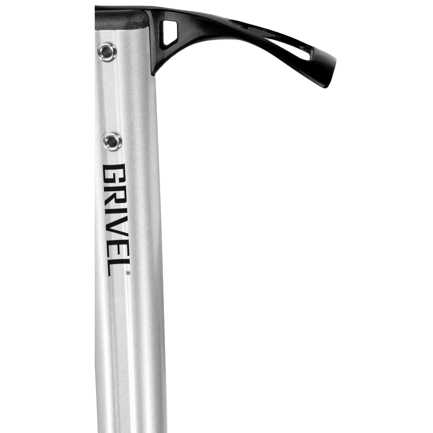 A silver aluminum ice axe with a black plastic and carbon handle, shown diagonally on a plain white background.