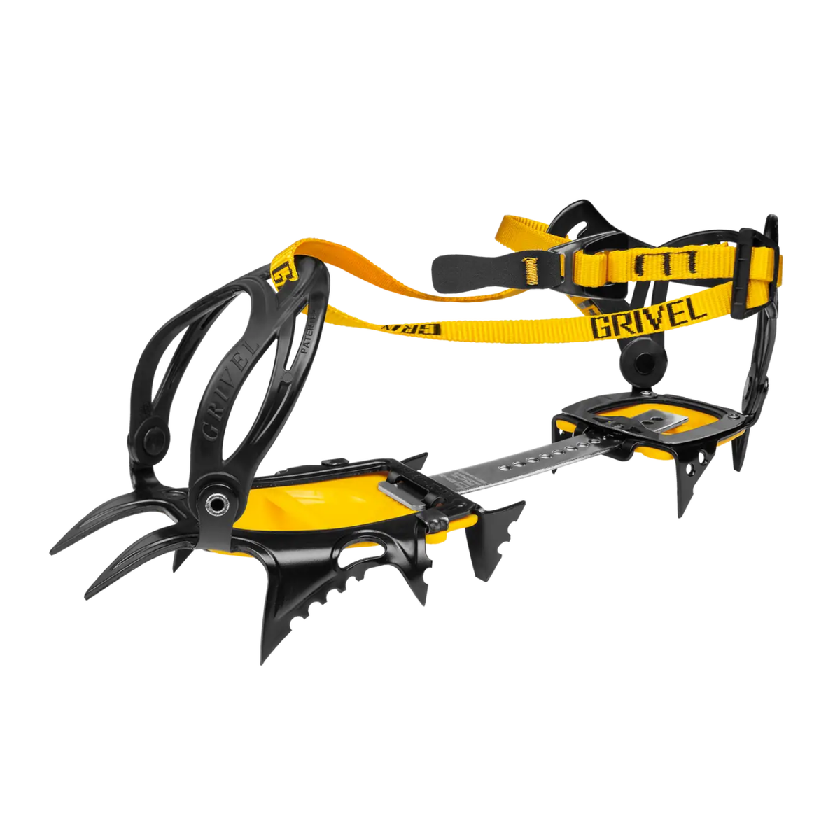 A Grivel ice climbing crampons with black metal spikes and bright yellow webbing straps, shown on a solid white background.