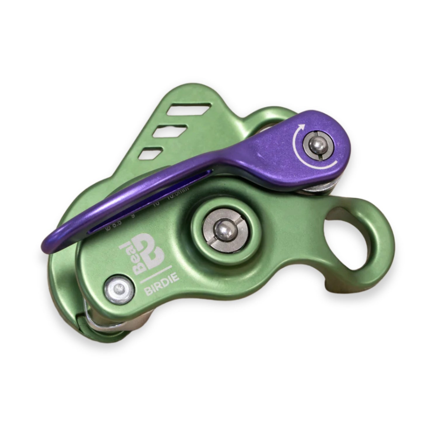 Beal Birdie belay device in green with a purple handle