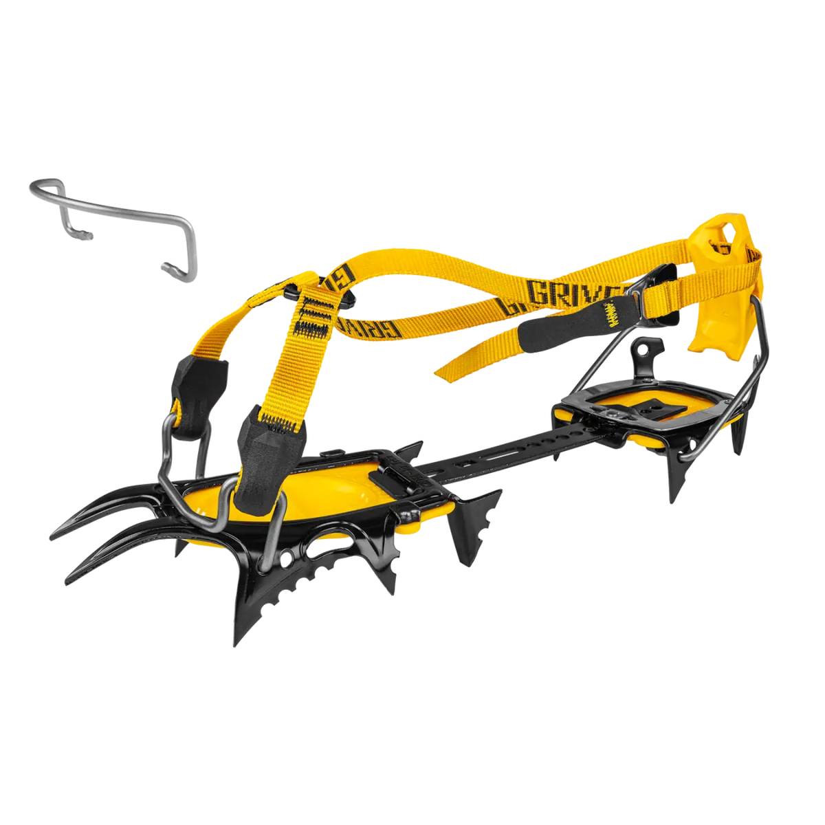 Yellow and black crampons with a silver metal hook accessory, shown on a plain white background.