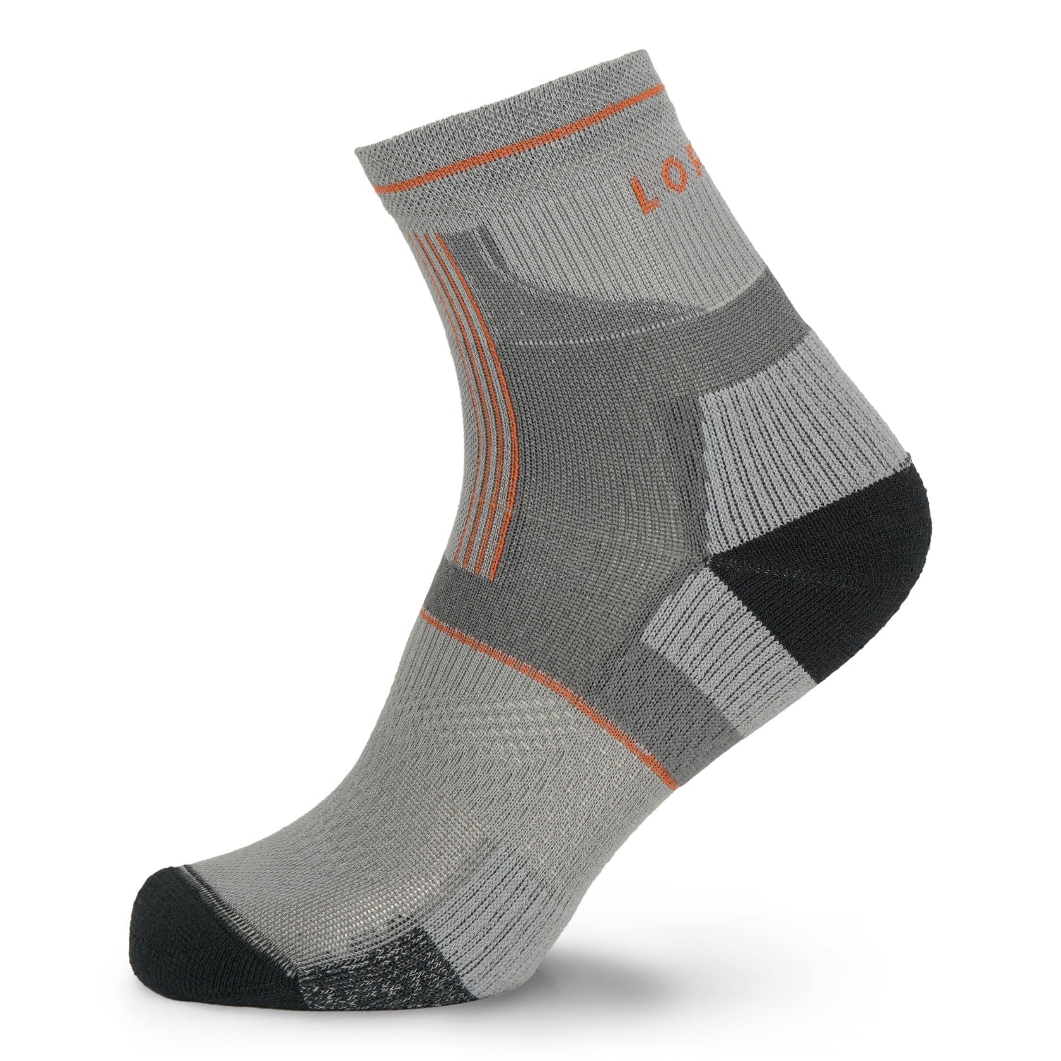 Blue sock with black toe and heel on a white background