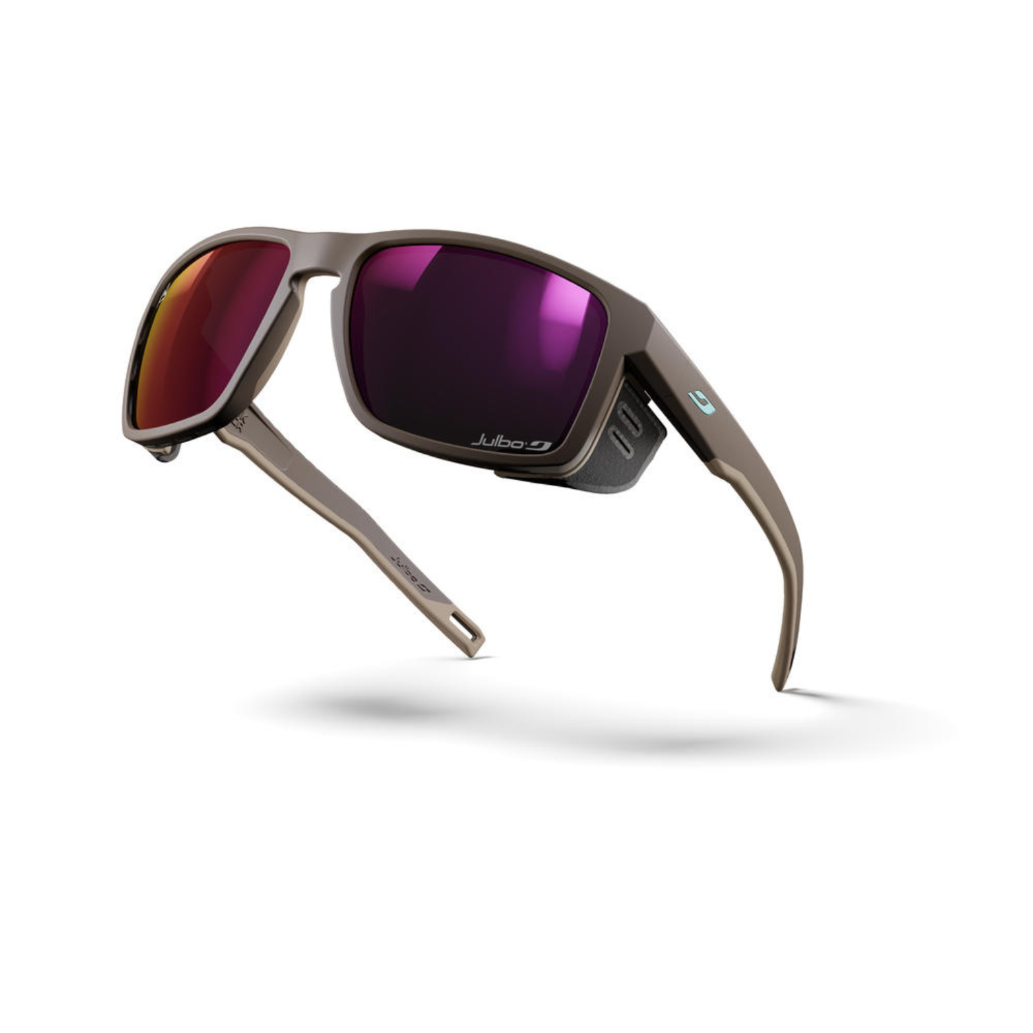 Sunglasses with purple lenses on a white background