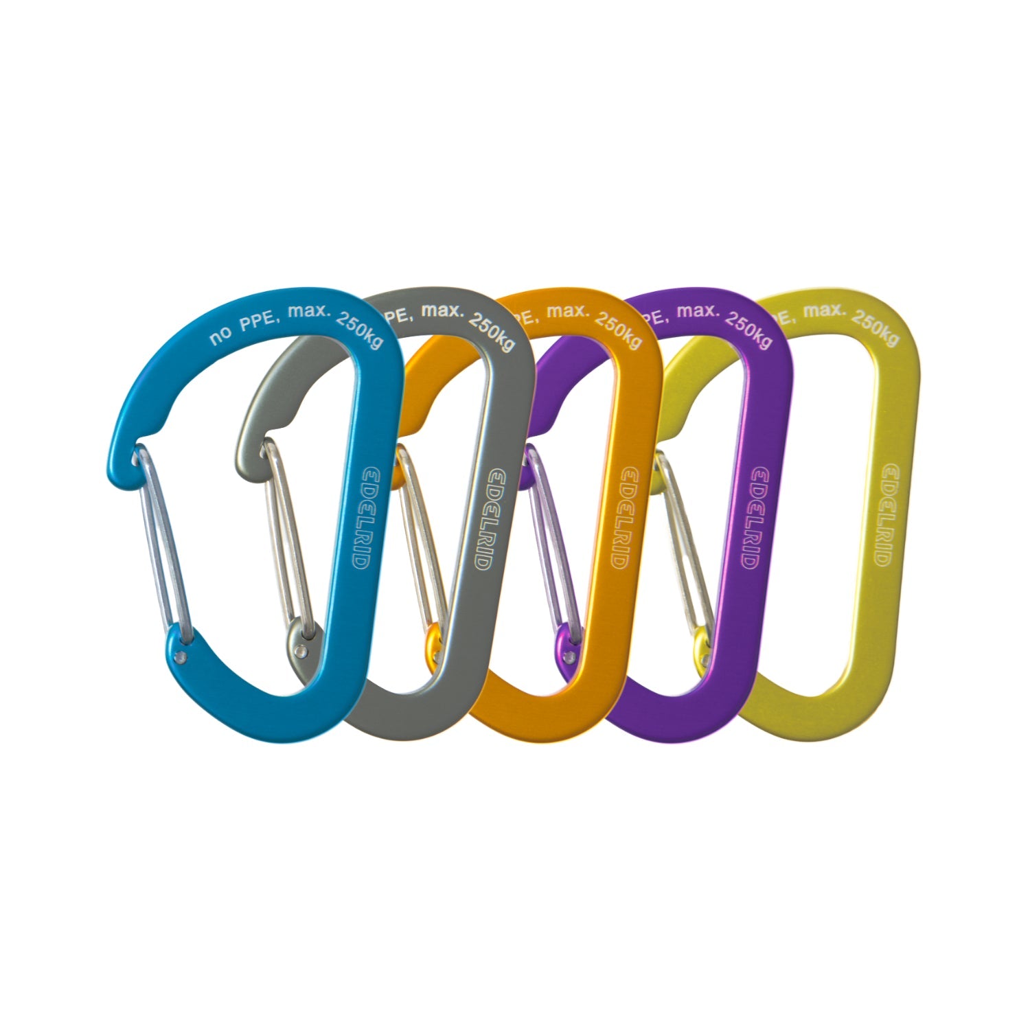 Edelrid Aranya Accessory Carabiners, showing multicoloured range in gold, silver, green, purple 