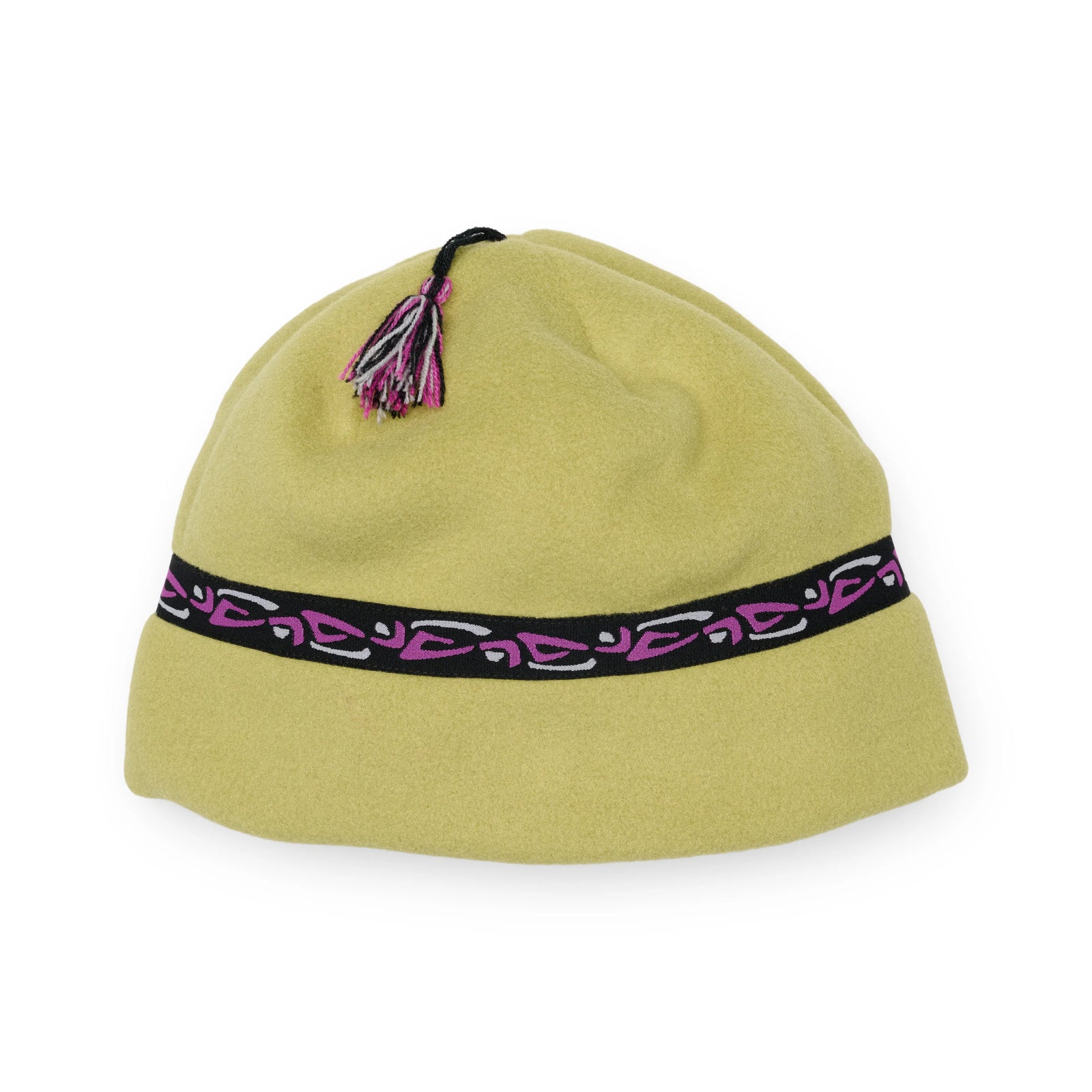 Gray beanie with a decorative band and tassel on a white background