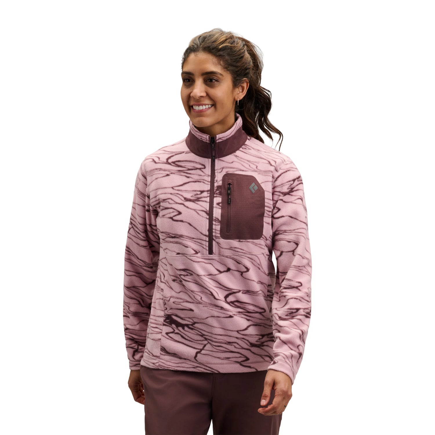 Pink camouflage pullover with a pocket on a white background