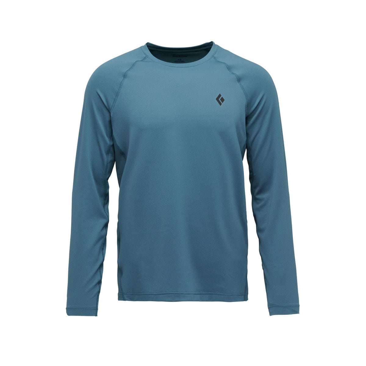 Blue long-sleeve shirt with a logo on a white background