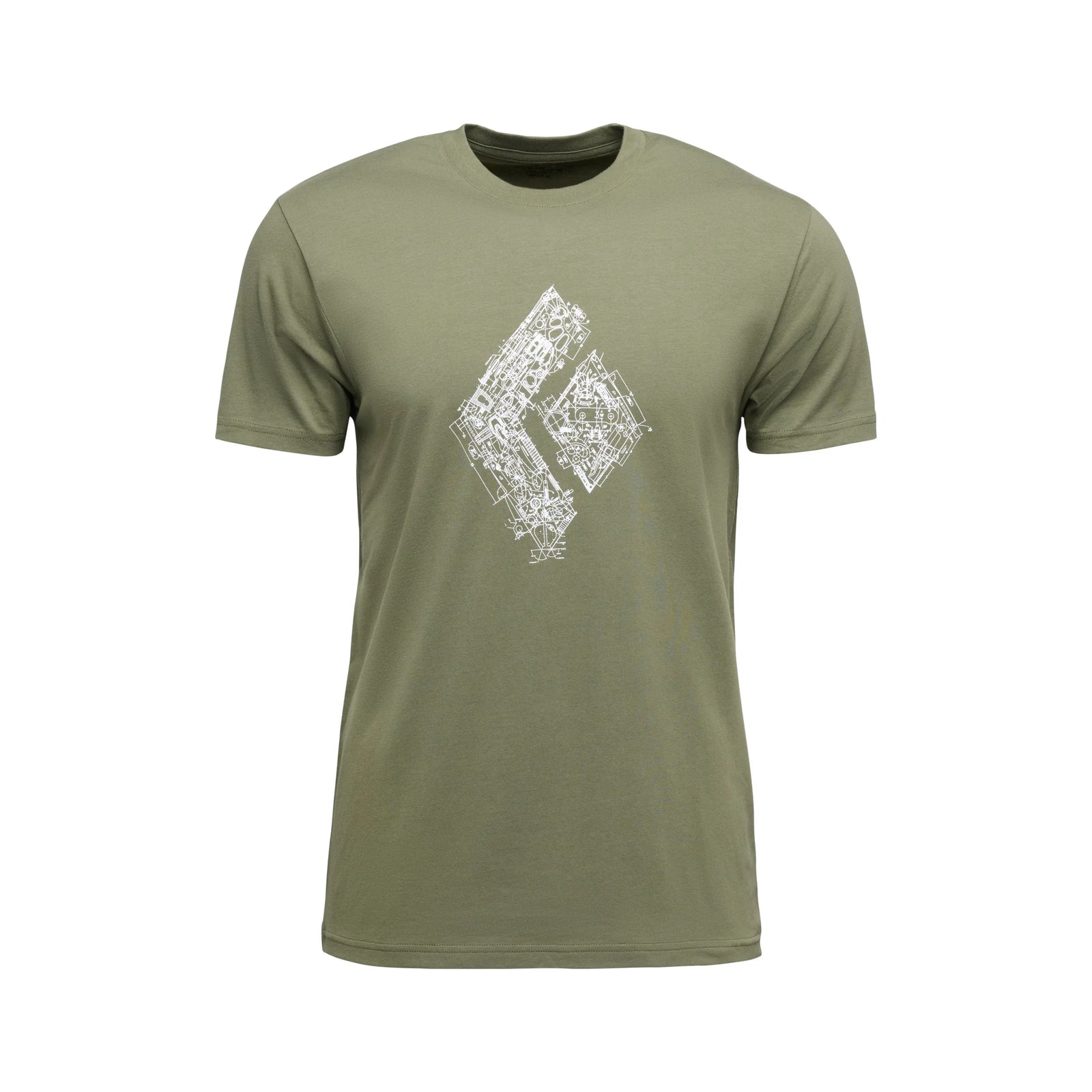 Green t-shirt with a white logo on a white background