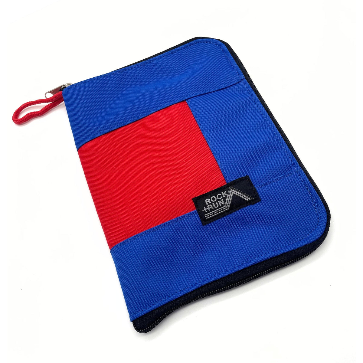 Blue and red pouch with a visible brand logo on a white background