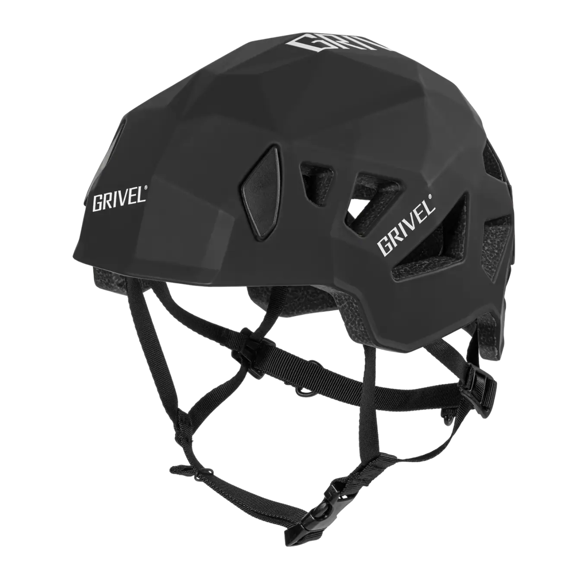 A matte black Grivel climbing helmet with white brand logos on the side and top, shown from a three-quarters angle against a solid white background.