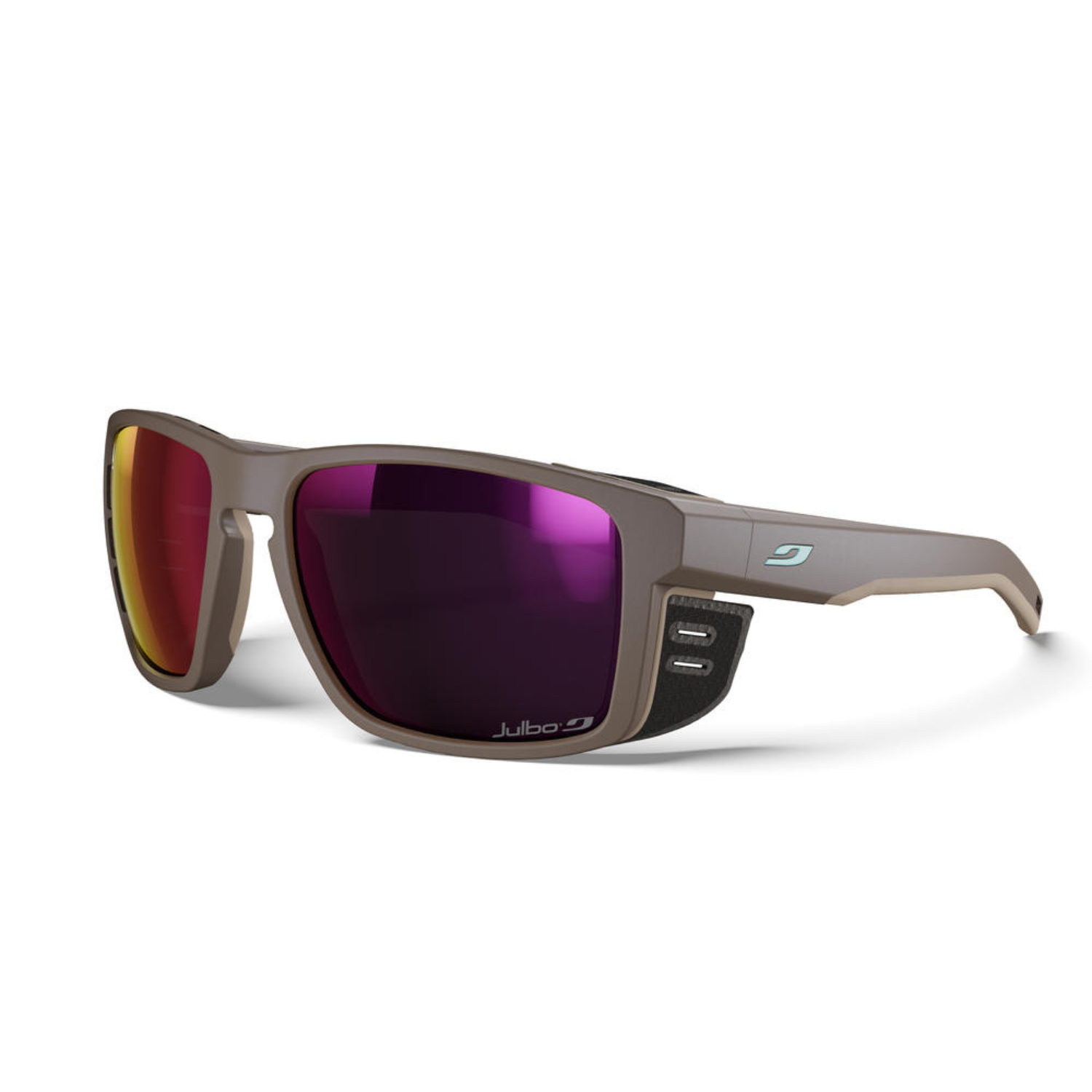 Sunglasses with purple lenses on a white background