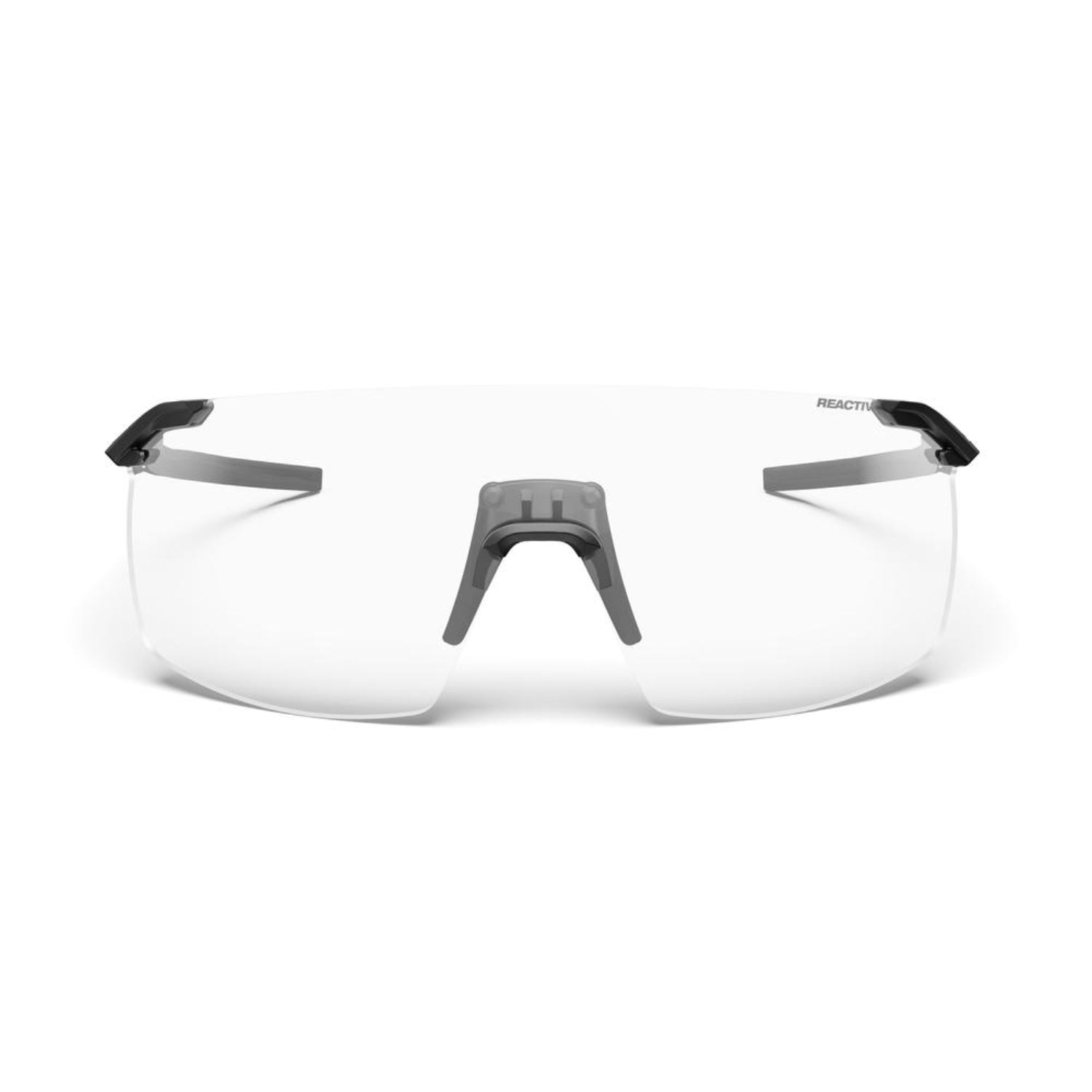 Black sunglasses with a reflective lens on a white background