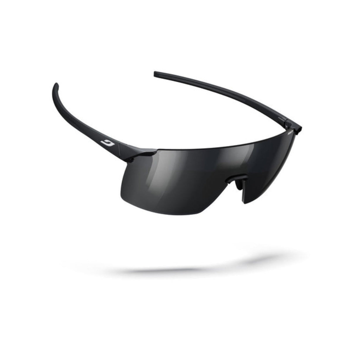 Black sunglasses with a reflective lens on a white background