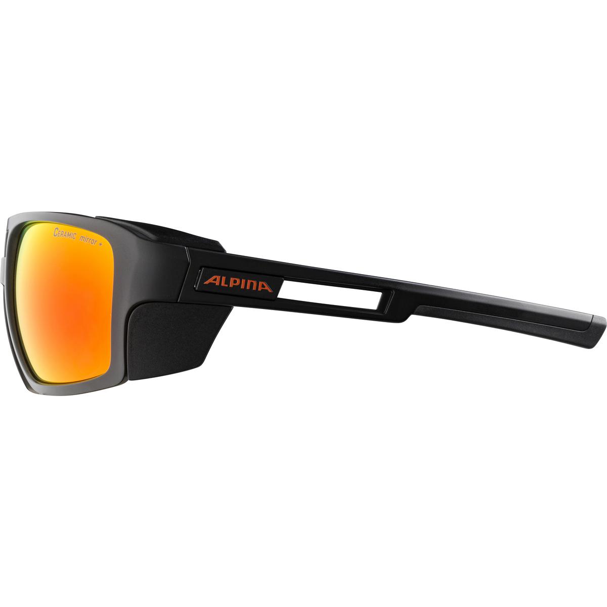 black sunglasses with orange lenses on a white background