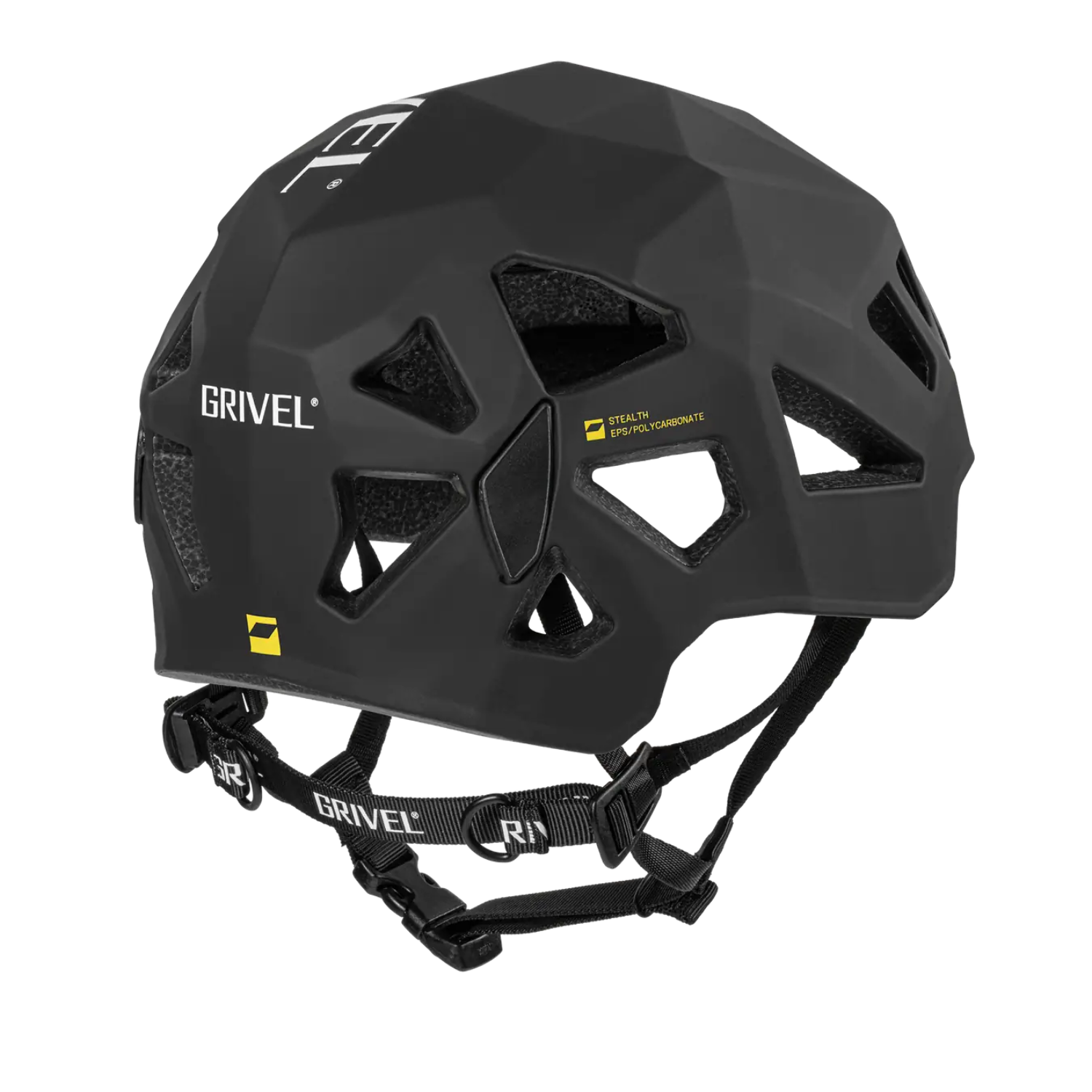 A matte black Grivel climbing helmet with white brand logos on the side and top, shown from a three-quarters angle against a solid white background.