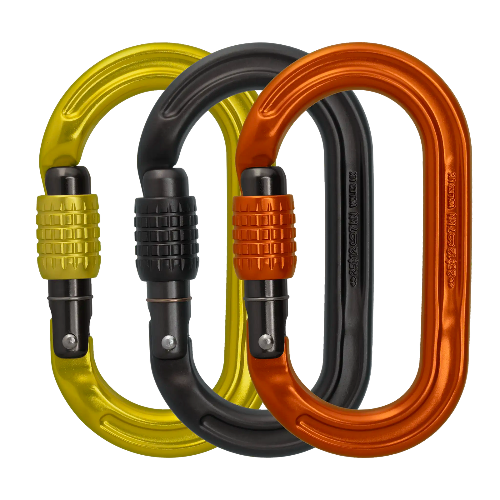 3 DMM Ultra O Carabiners in blue, red and green colours shown side by side but overlapping