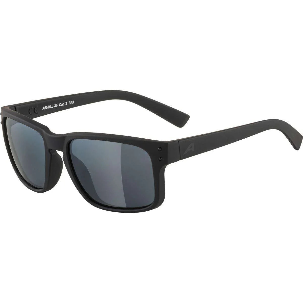 Black sunglasses with a brand logo on a white background