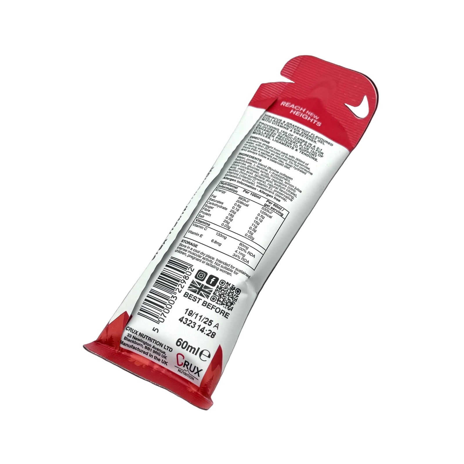A single CRUX Nutrition Hibiscus Recover protein powder stick pack, featuring a white and red design with mountain graphics, shown on a clean white background.