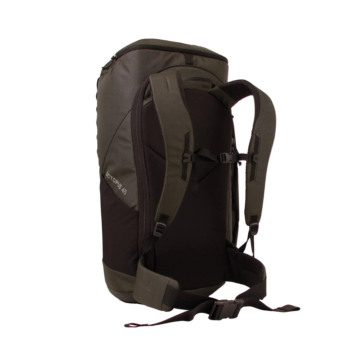 Rear view of Blue Ice Octopus 45L rucksack showing padded shoulder straps, hip belt, and ergonomic back panel for comfortable carrying.