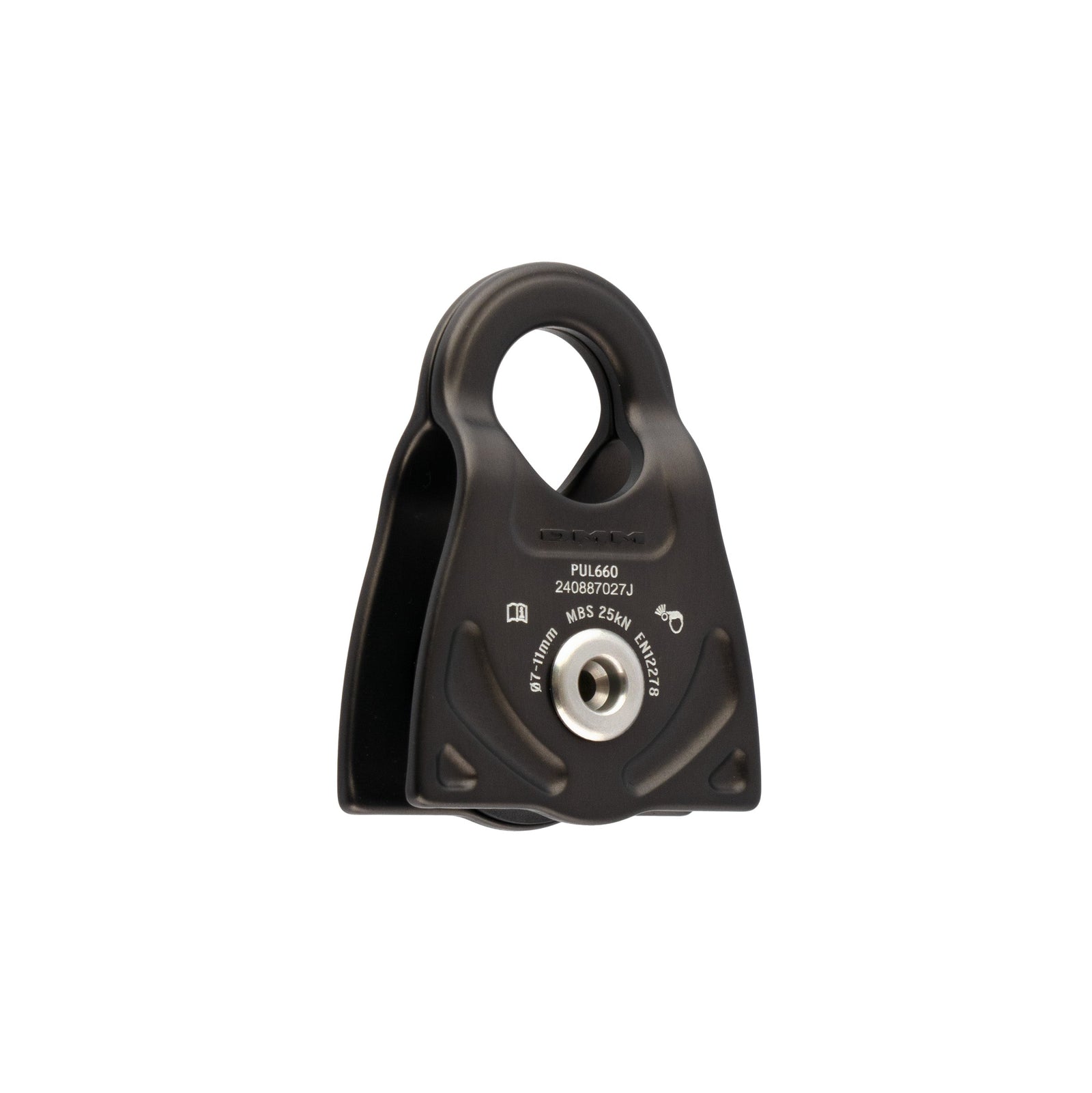 Red and black pulley system on a white background
