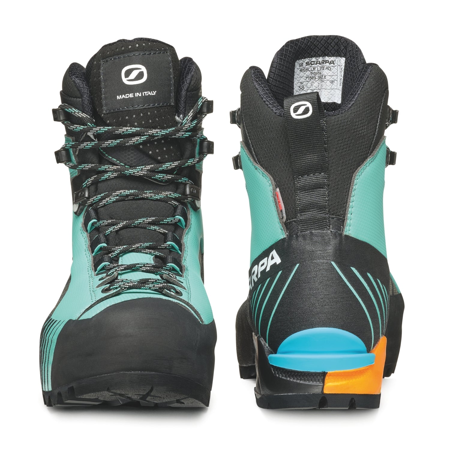 Scarpa Ribelle Lite HD Womens Teal and black hiking boot with 'Scarpa' branding on a white background