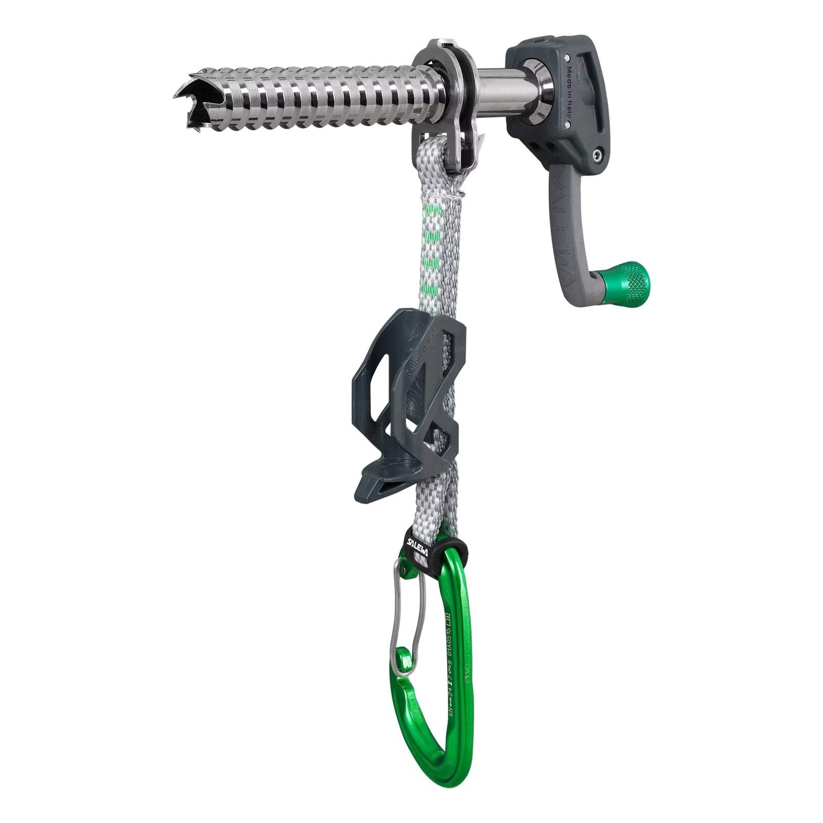 Salewa Quick Ice Screws in blue red green on a white background