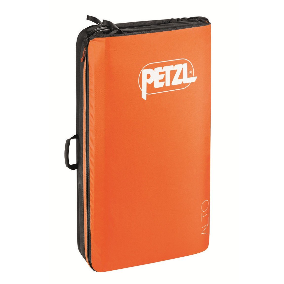 Petzl Alto bouldering crash pad, shown closed and stood up in orange colour