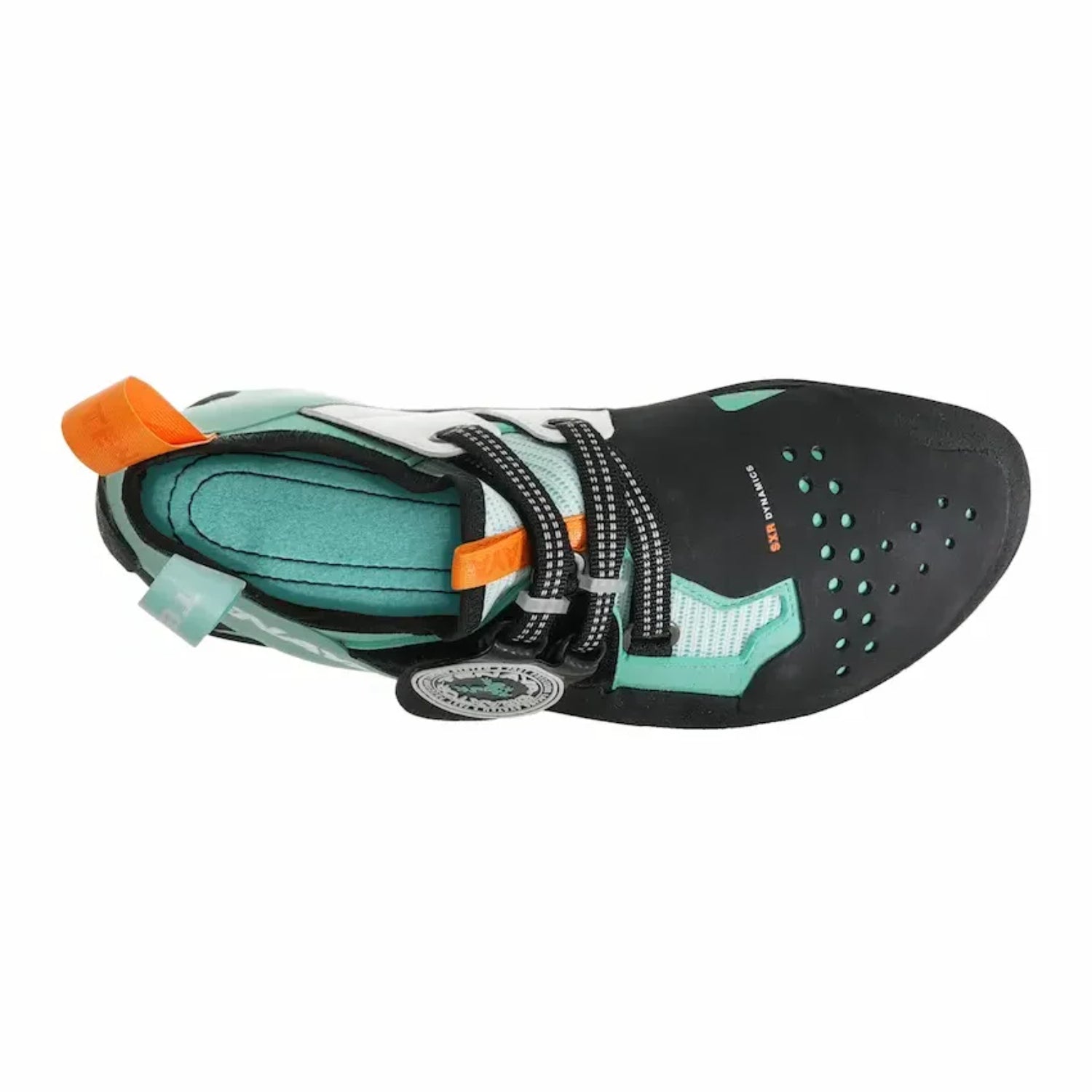 Teal and black climbing shoe with Tenaya branding on a white background