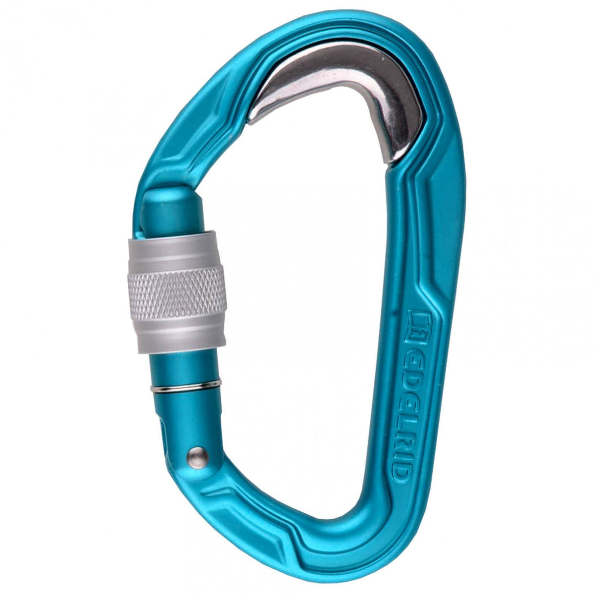 Edelrid Bulletproof Screw carabiner, in blue colour with silver screw