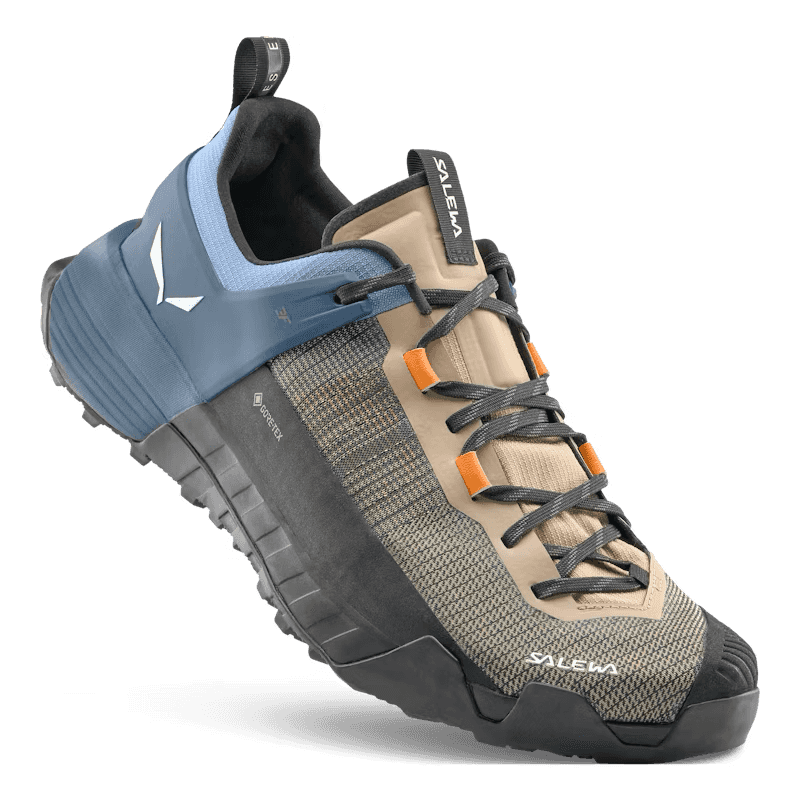 Hiking shoe with blue and gray sole on a transparent background