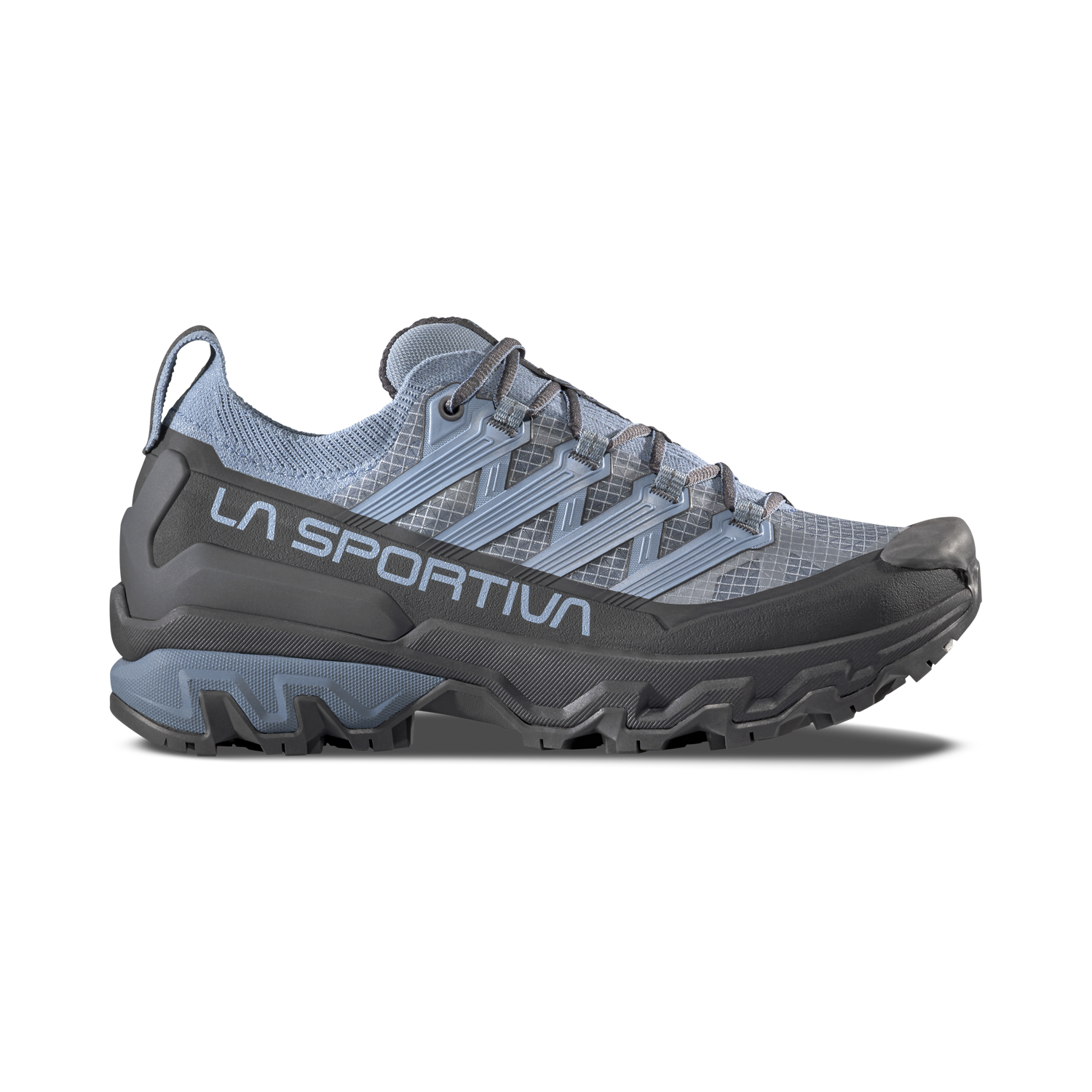 grey and blue hiking shoe on a white background