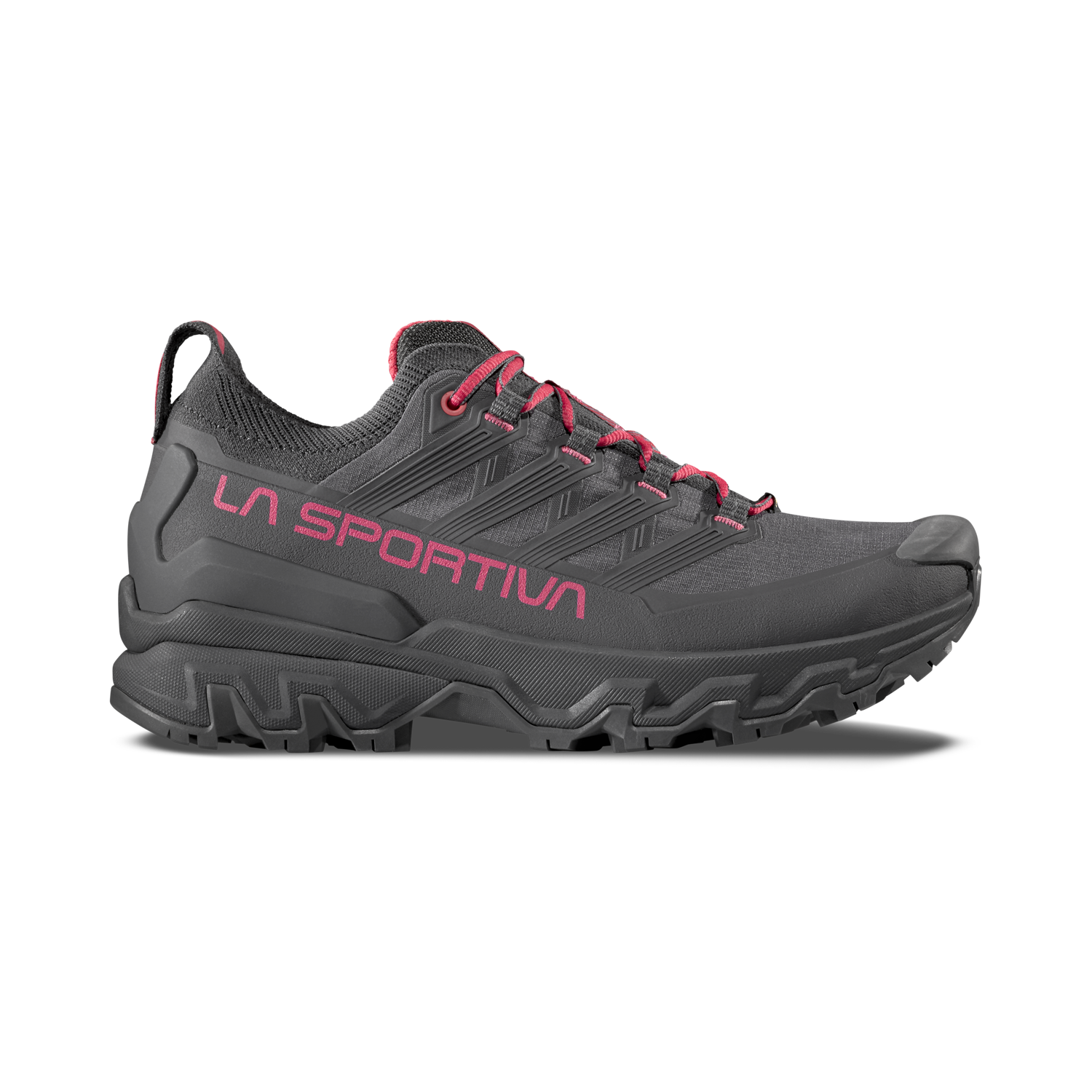 Gray hiking shoe with pink accents and 'La Sportiva' branding on a white background