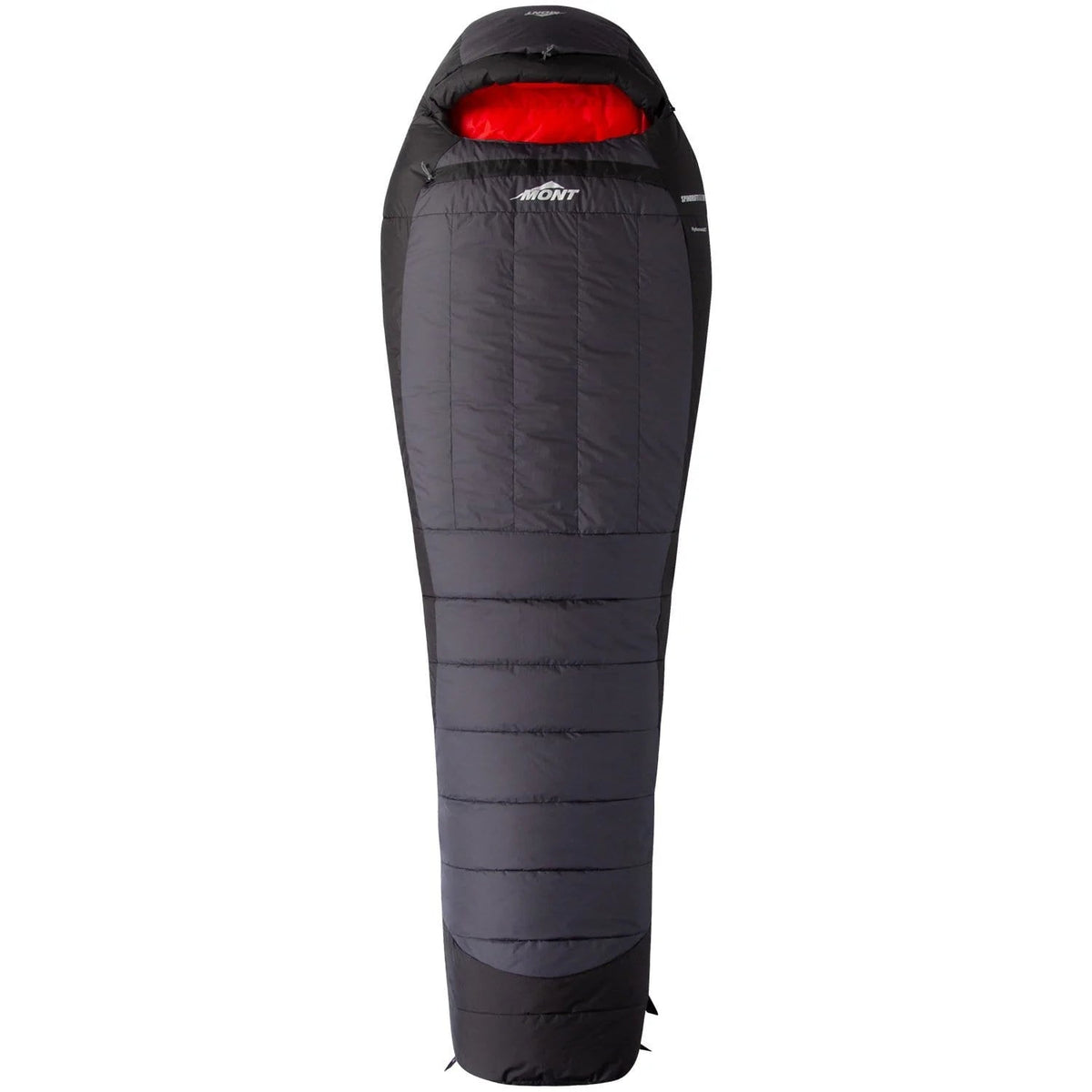 Black sleeping bag with red interior on a white background