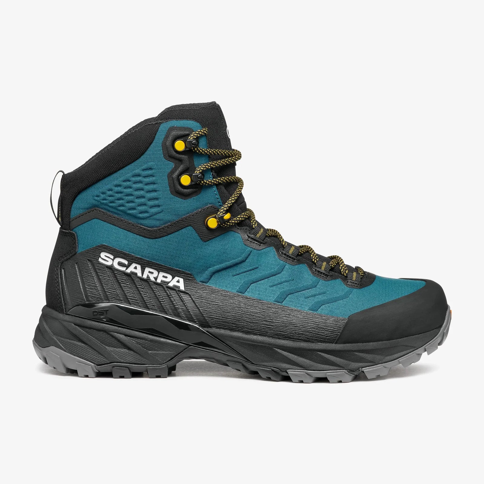 blue and black scarpa hiking boot on a white background