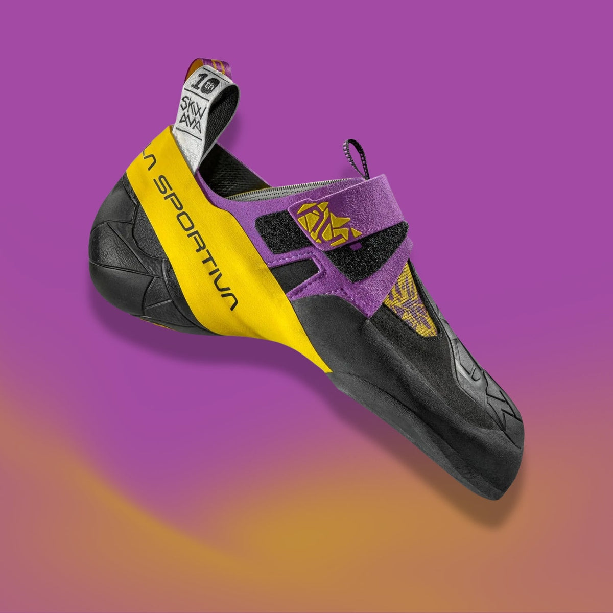 la sportiva skwama 10th anniversary shoe on a purple and yellow background