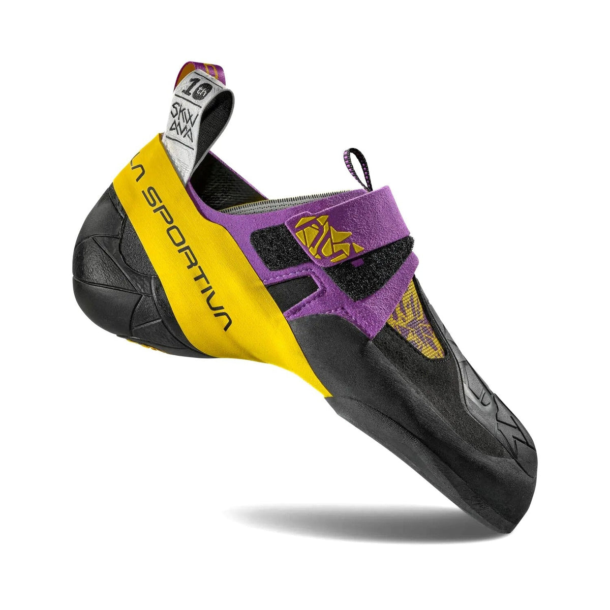 Climbing shoe with black, yellow, and purple design on a white background