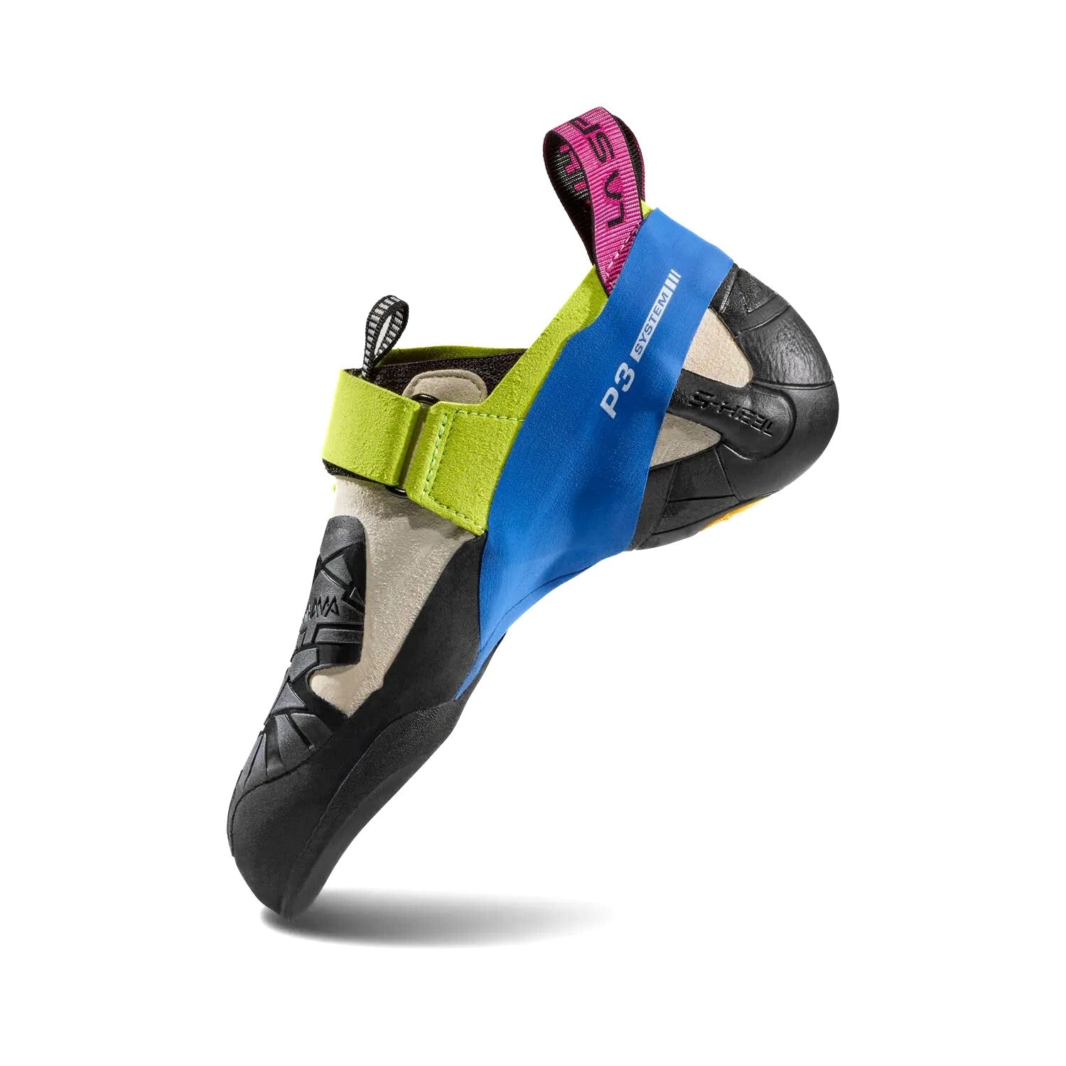 La Sportiva climbing shoe with blue, yellow, and black design on a white background