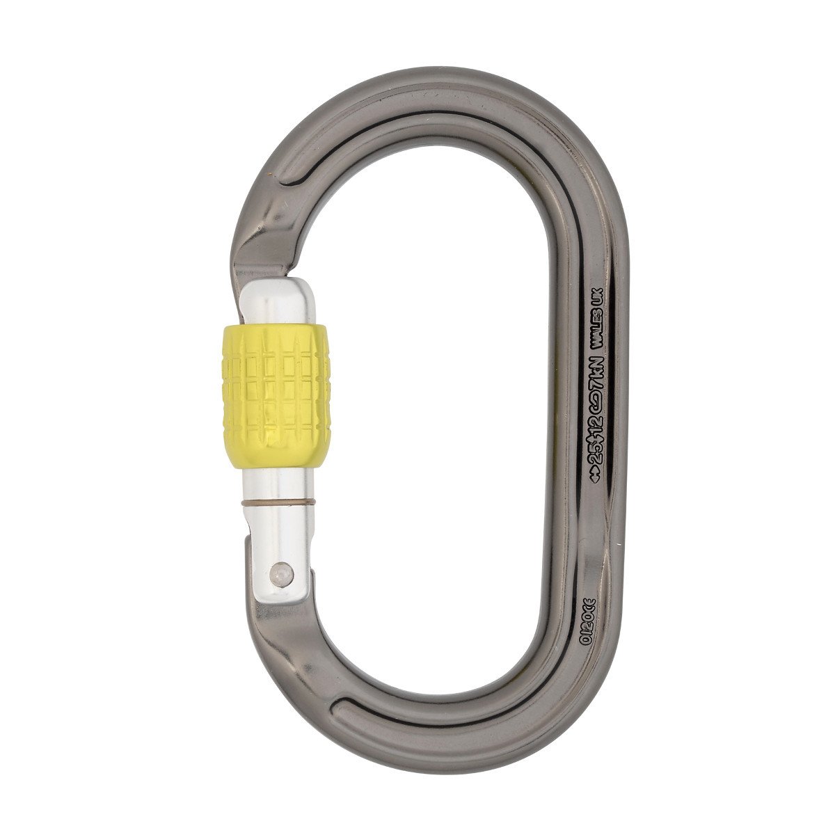 DMM Ultra O Screwgate Carabiner, in gun metal grey colour with a yellow screwlock